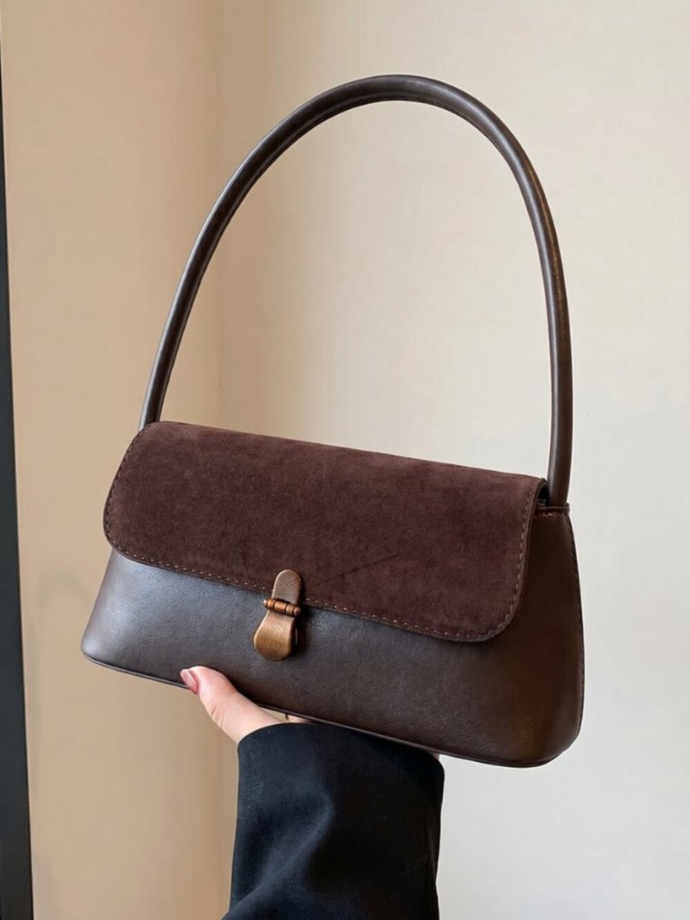Women's Brown Suede Look Vintage Shoulder Bag Retro French Underarm Clutch Purse - Picture 3 of 5